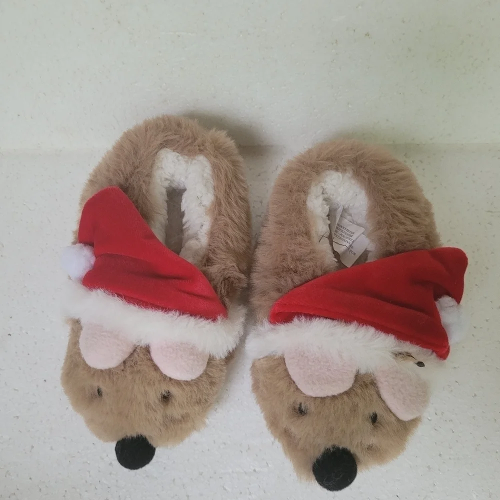 Cozy Brown Kids Slippers with Santa Hat